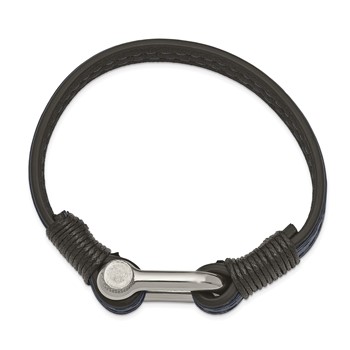 Chisel Stainless Steel Polished Shackle Black and Blue Leather 8.25 inch Bracelet — alternate view