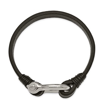 Chisel Stainless Steel Polished Shackle Black Leather 8.25 inch Bracelet — alternate view