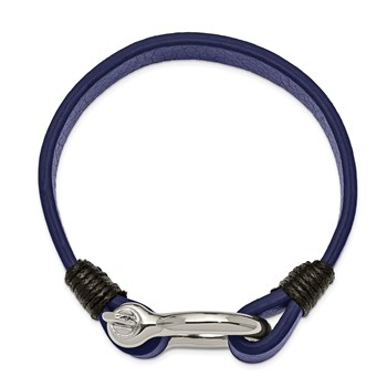Stainless Steel Polished Black and Blue Leather 8.25in Shackle Bracelet — alternate view