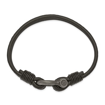Chisel Stainless Steel Antiqued White Bronze Plated Shackle Textured Black Leather 8 inch Bracelet — alternate view