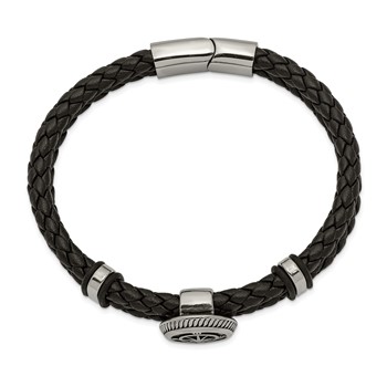 Chisel Stainless Steel Antiqued and Polished Compass Braided Black Leather 8 inch Bracelet — alternate view