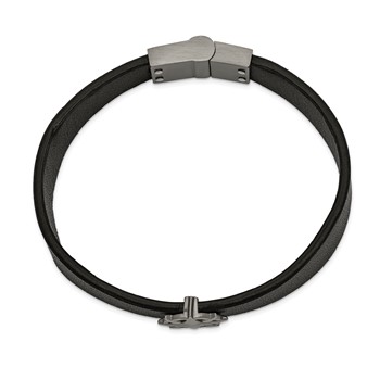 Chisel Stainless Steel Brushed Antiqued White Bronze-plated Compass Black Leather 8.25 inch Bracelet — alternate view