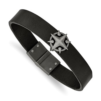 Chisel Stainless Steel Brushed Antiqued White Bronze-plated Compass Black Leather 8.25 inch Bracelet