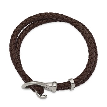 Chisel Stainless Steel Polished Brown Braided Leather 8 inch Bracelet — alternate view