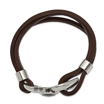 Chisel Stainless Steel Polished Functional Compass Multi Strand Brown Leather 8.5 inch Bracelet — alternate view