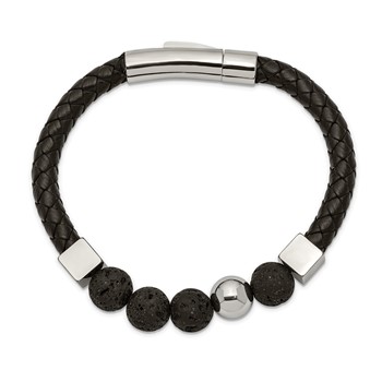 Chisel Stainless Steel Polished with Lava Stone Beads Black Leather 8 inch Bracelet — alternate view