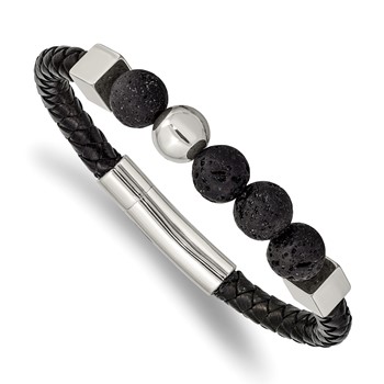 Chisel Stainless Steel Polished with Lava Stone Beads Black Leather 8 inch Bracelet