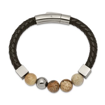 Chisel Stainless Steel Polished with Brown Jasper Beads Black Leather 8 inch Bracelet — alternate view