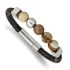 Image of Chisel Stainless Steel Polished with Brown Jasper Beads Black Leather 8 inch Bracelet