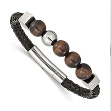 Image of Chisel Stainless Steel Polished with Tiger's Eye Beads Black Leather 8 inch Bracelet