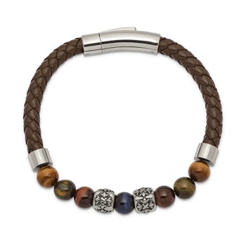 Chisel Stainless Steel Antiqued and Polished MultiColor Tiger's Eye Beads Brown Leather 8.5 inch Bracelet — alternate view