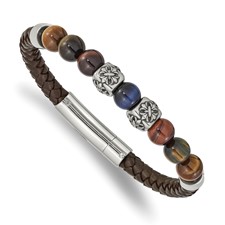 Image of Chisel Stainless Steel Antiqued and Polished MultiColor Tiger's Eye Beads Brown Leather 8.5 inch Bracelet