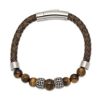 Chisel Stainless Steel Antiqued and Polished Tiger's Eye Beads Brown Leather 8.5 inch Bracelet — alternate view