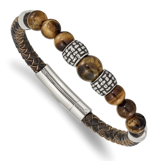 Stainless Steel Polished Brown IP Tiger's Eye Leather Bracelet Stainless Steel Polished Brown IP Tiger's Eye Leather Bracelet