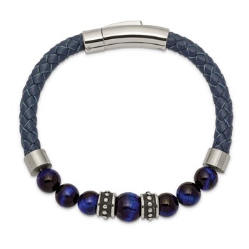 Chisel Stainless Steel Antiqued and Polished Blue Tiger's Eye Beads Blue Leather 8.25 inch Bracelet — alternate view