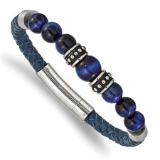 Image of Chisel Stainless Steel Antiqued and Polished Blue Tiger's Eye Beads Blue Leather 8.25 inch Bracelet