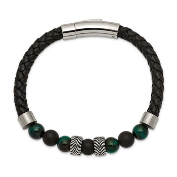 Chisel Stainless Steel Antiqued and Polished Black Agate and Green Tiger's Eye Beads Black Leather 8.5 inch Bracelet — alternate view