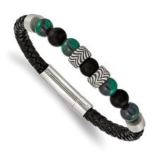 Image of Chisel Stainless Steel Antiqued and Polished Black Agate and Green Tiger's Eye Beads Black Leather 8.5 inch Bracelet