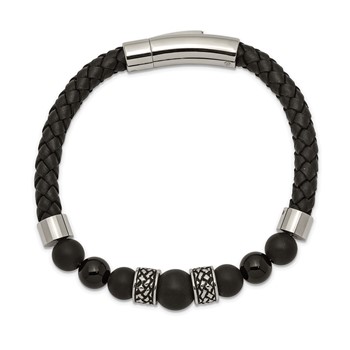 Chisel Stainless Steel Antiqued and Polished Black Agate Beads Black Leather 8.25 inch Bracelet — alternate view