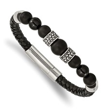 Image of Chisel Stainless Steel Antiqued and Polished Black Agate Beads Black Leather 8.25 inch Bracelet