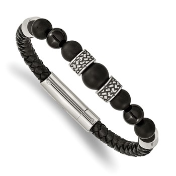Chisel Stainless Steel Antiqued and Polished Black Agate Beads Black Leather 8.25 inch Bracelet