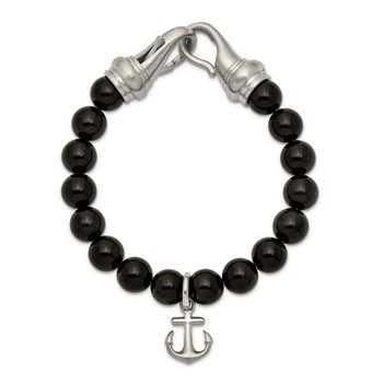 Chisel Stainless Steel Brushed Anchor Black Agate Beaded 8 inch Bracelet — alternate view