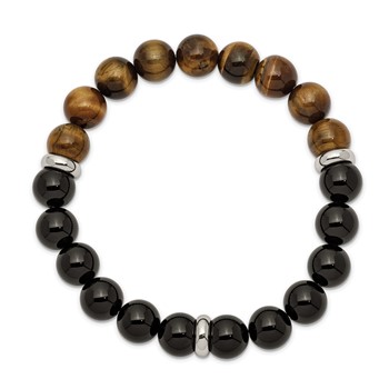 Chisel Stainless Steel Polished 10.5mm Black Agate and Tiger's Eye Beaded Stretch Bracelet — alternate view