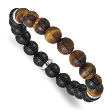 Image of Chisel Stainless Steel Polished 10.5mm Black Agate and Tiger's Eye Beaded Stretch Bracelet