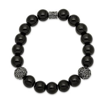 Chisel Stainless Steel Antiqued and Polished 10mm Black Agate Beaded Stretch Bracelet — alternate view
