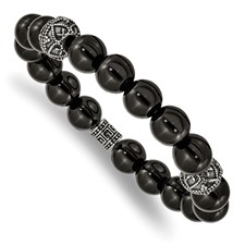 Image of Chisel Stainless Steel Antiqued and Polished 10mm Black Agate Beaded Stretch Bracelet