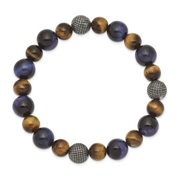 Chisel Stainless Steel Antiqued and Polished 8-10mm Brown and Blue Tiger's Eye Beaded Stretch Bracelet — alternate view
