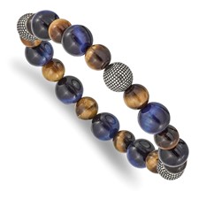 Image of Chisel Stainless Steel Antiqued and Polished 8-10mm Brown and Blue Tiger's Eye Beaded Stretch Bracelet