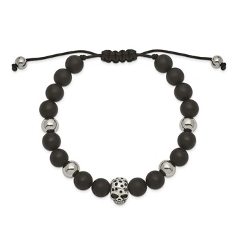 Chisel Stainless Steel Antiqued and Polished Skull Black Onyx Beaded Black Macrame Adjustable Bracelet — alternate view