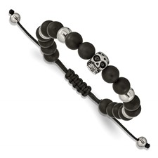 Image of Chisel Stainless Steel Antiqued and Polished Skull Black Onyx Beaded Black Macrame Adjustable Bracelet