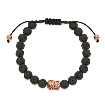 Chisel Stainless Steel Antiqued and Polished Rose IP-plated Buddha Lava Stone Black Macrame Adjustable Bracelet — alternate view
