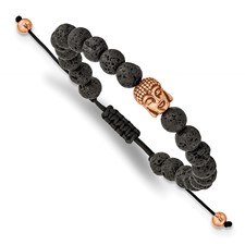 Image of Chisel Stainless Steel Antiqued and Polished Rose IP-plated Buddha Lava Stone Black Macrame Adjustable Bracelet