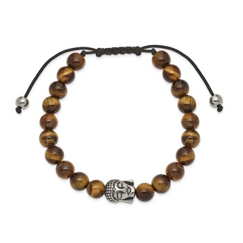 Chisel Stainless Steel Antiqued and Polished Tiger's Eye Buddha Black Macrame Adjustable Bracelet — alternate view
