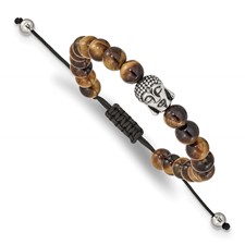 Image of Chisel Stainless Steel Antiqued and Polished Tiger's Eye Buddha Black Macrame Adjustable Bracelet
