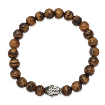 Chisel Stainless Steel Antiqued and Polished Buddha 8mm Tiger's Eye Beaded Stretch Bracelet — alternate view