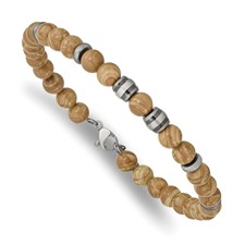 Image of Chisel Stainless Steel Antiqued White Bronze Plated with Grain Stone Beads 8 inch Bracelet with 1 inch Extension
