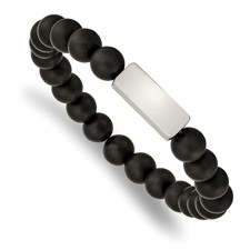 Image of Chisel Stainless Steel Brushed ID Plate 8mm Black Agate Beaded Stretch Bracelet