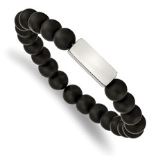 Image of Chisel Stainless Steel Polished ID Plate 8mm Black Agate Beaded Stretch Bracelet