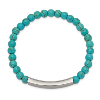 Chisel Stainless Steel Polished ID Plate 6mm Reconstructed Turquoise Beaded Stretch Bracelet — alternate view