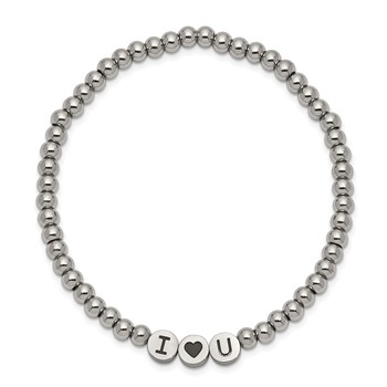 Chisel Stainless Steel Antiqued and Polished I HEART U 4mm Beaded Stretch Bracelet — alternate view