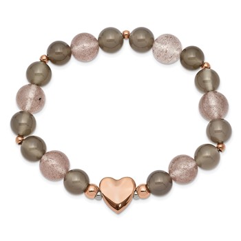Chisel Stainless Steel Polished Rose IP-plated Heart 10mm Grey Agate and Strawberry Quartz Beaded Stretch Bracelet — alternate view