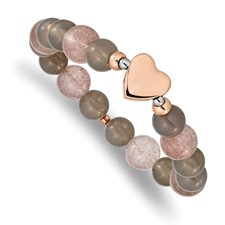 Image of Chisel Stainless Steel Polished Rose IP-plated Heart 10mm Grey Agate and Strawberry Quartz Beaded Stretch Bracelet