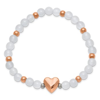 Chisel Stainless Steel Polished Rose IP-plated Heart 6mm White Agate Beaded Stretch Bracelet — alternate view