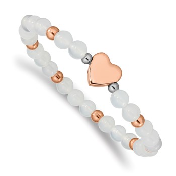 Chisel Stainless Steel Polished Rose IP-plated Heart 6mm White Agate Beaded Stretch Bracelet