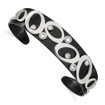 Chisel Stainless Steel Polished Black IP-plated with Crystals Cuff Bangle