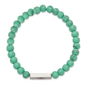 Chisel Stainless Steel Polished with Red Enamel Medical ID 6.5mm Turquoise Glass Beaded Stretch Bracelet — alternate view